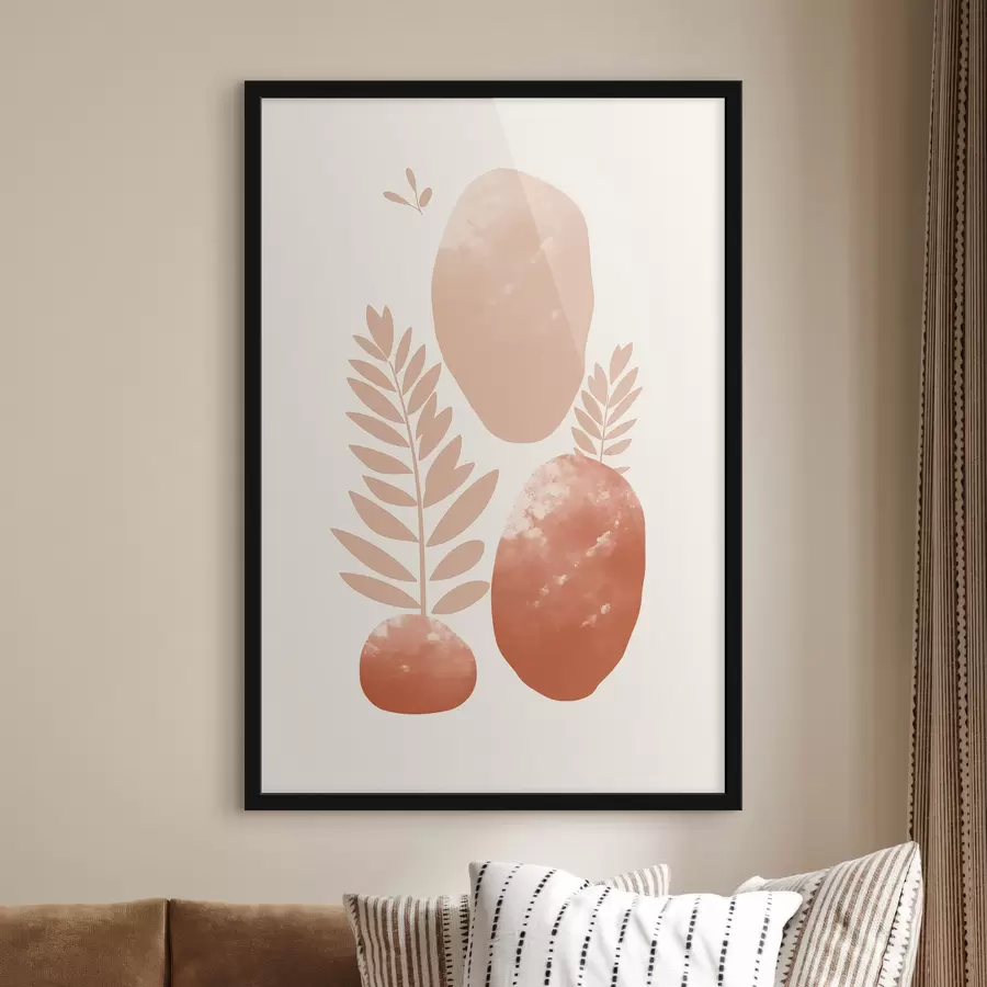 fotószőnyeg Absztrakt formák, texturált kövek és levelek halvány barack- és terrakotta árnyalatokban, minimalista, krém színű háttérrel. f47012