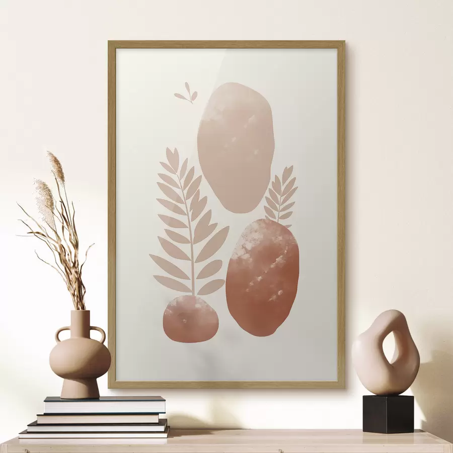 fotószőnyeg Absztrakt formák, texturált kövek és levelek halvány barack- és terrakotta árnyalatokban, minimalista, krém színű háttérrel f47012