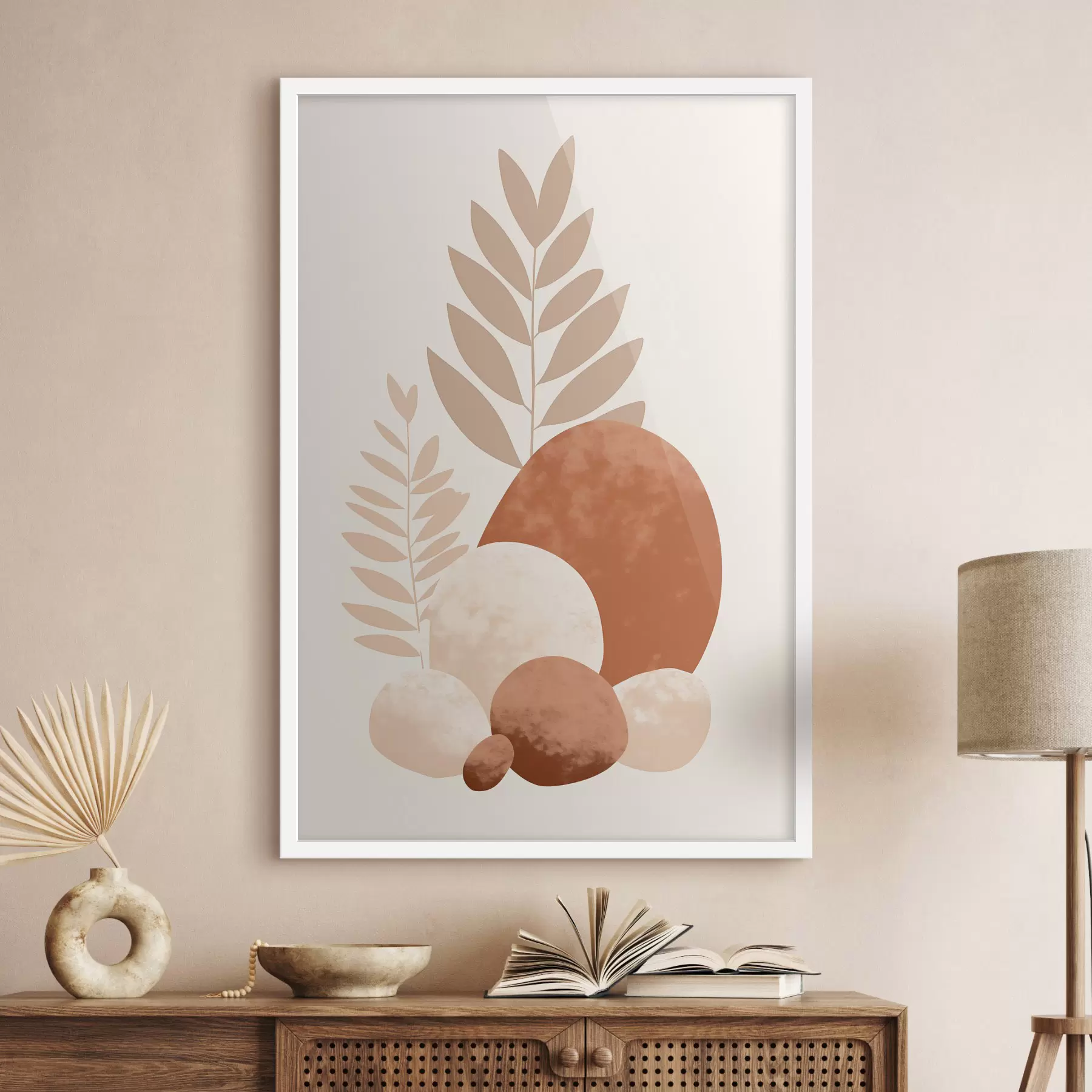 fotószőnyeg Absztrakt formák, texturált kövek és levelek halvány barack- és terrakotta árnyalatokban, minimalista, krém színű háttérrel f47013