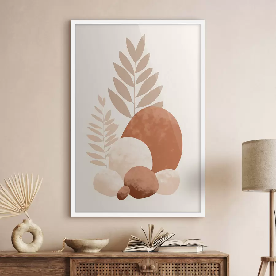 fotószőnyeg Absztrakt formák, texturált kövek és levelek halvány barack- és terrakotta árnyalatokban, minimalista, krém színű háttérrel. f47013