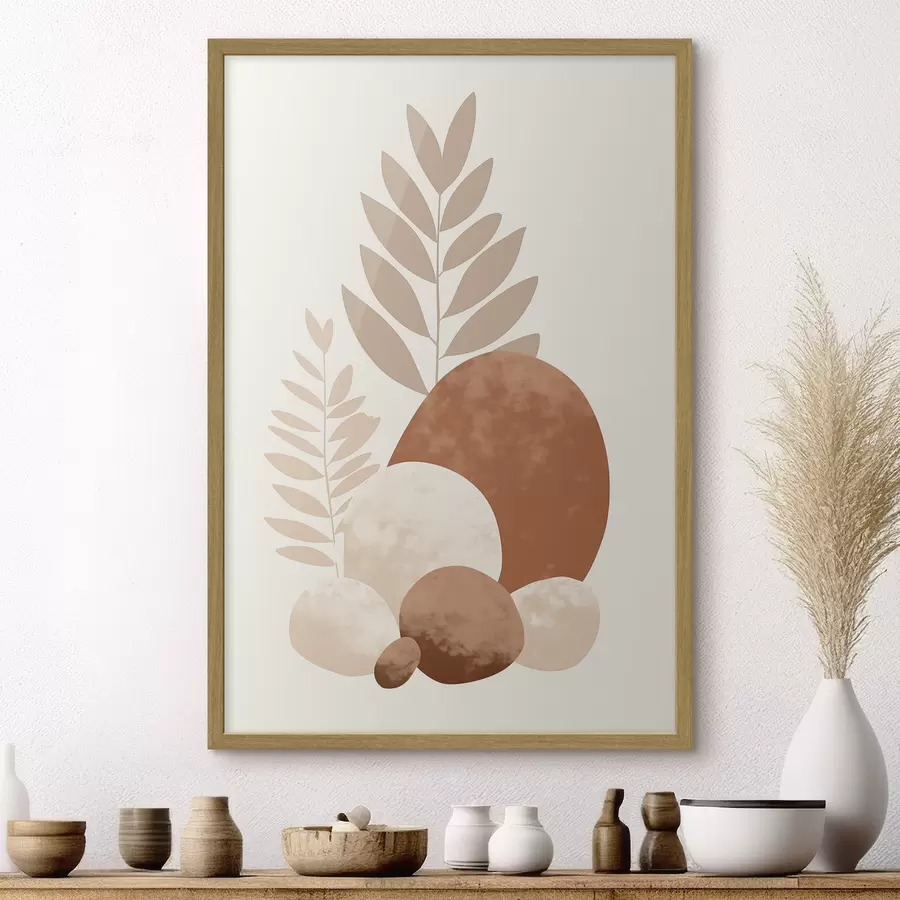 fotószőnyeg Absztrakt formák, texturált kövek és levelek halvány barack- és terrakotta árnyalatokban, minimalista, krém színű háttérrel f47013