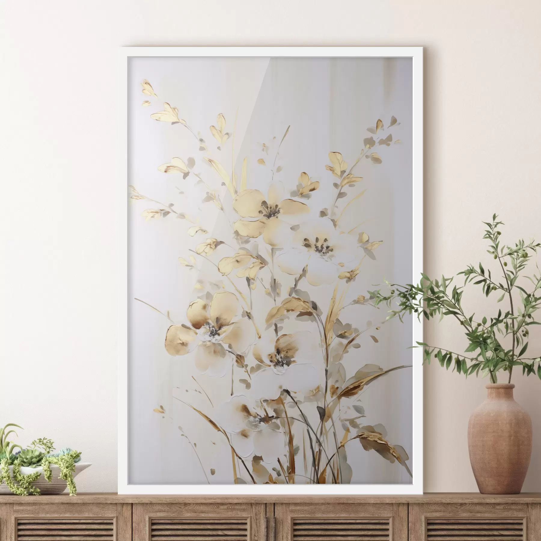 fotószőnyeg Texturált sárga virágok és levelek fehér háttér előtt, finom ecsetvonásokkal f47017