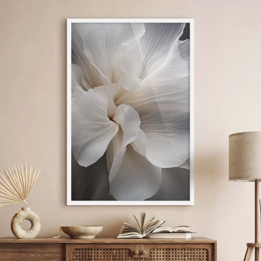 fotószőnyeg Közelkép finom, absztrakt fehér virágszirmokról, bonyolult vonalakkal és elmosódott sötét háttérrel f47018