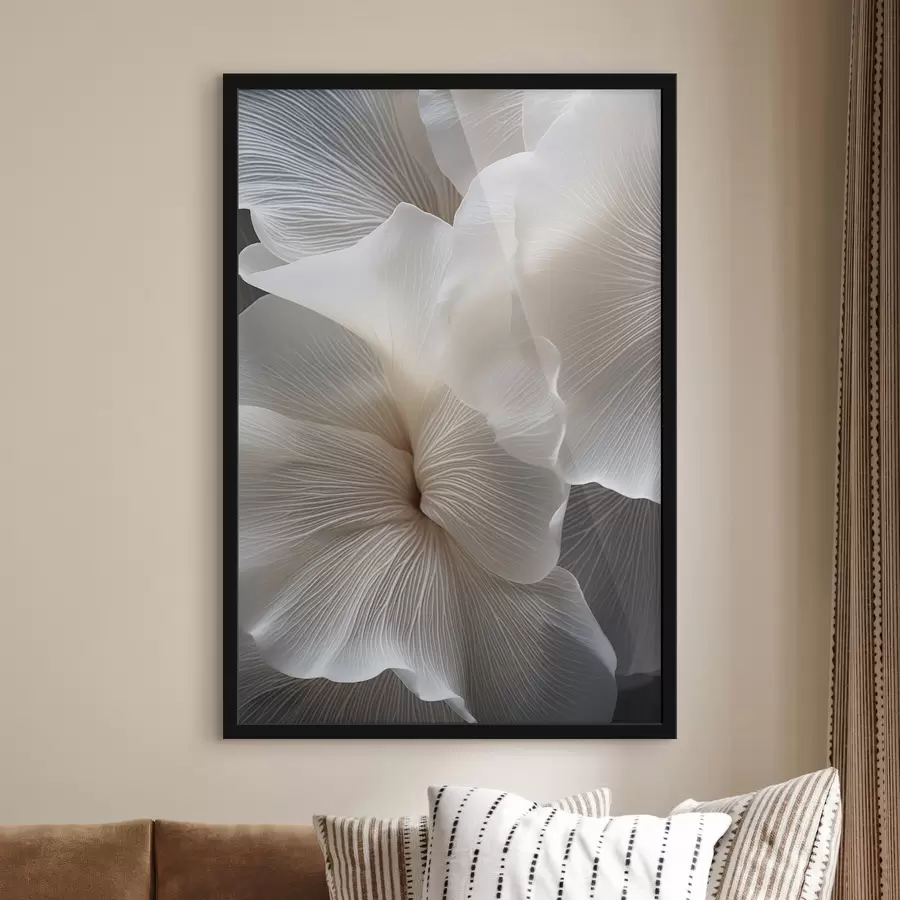 fotószőnyeg Közelkép finom, absztrakt fehér virágszirmokról, bonyolult vonalakkal és elmosódott sötét háttérrel f47019