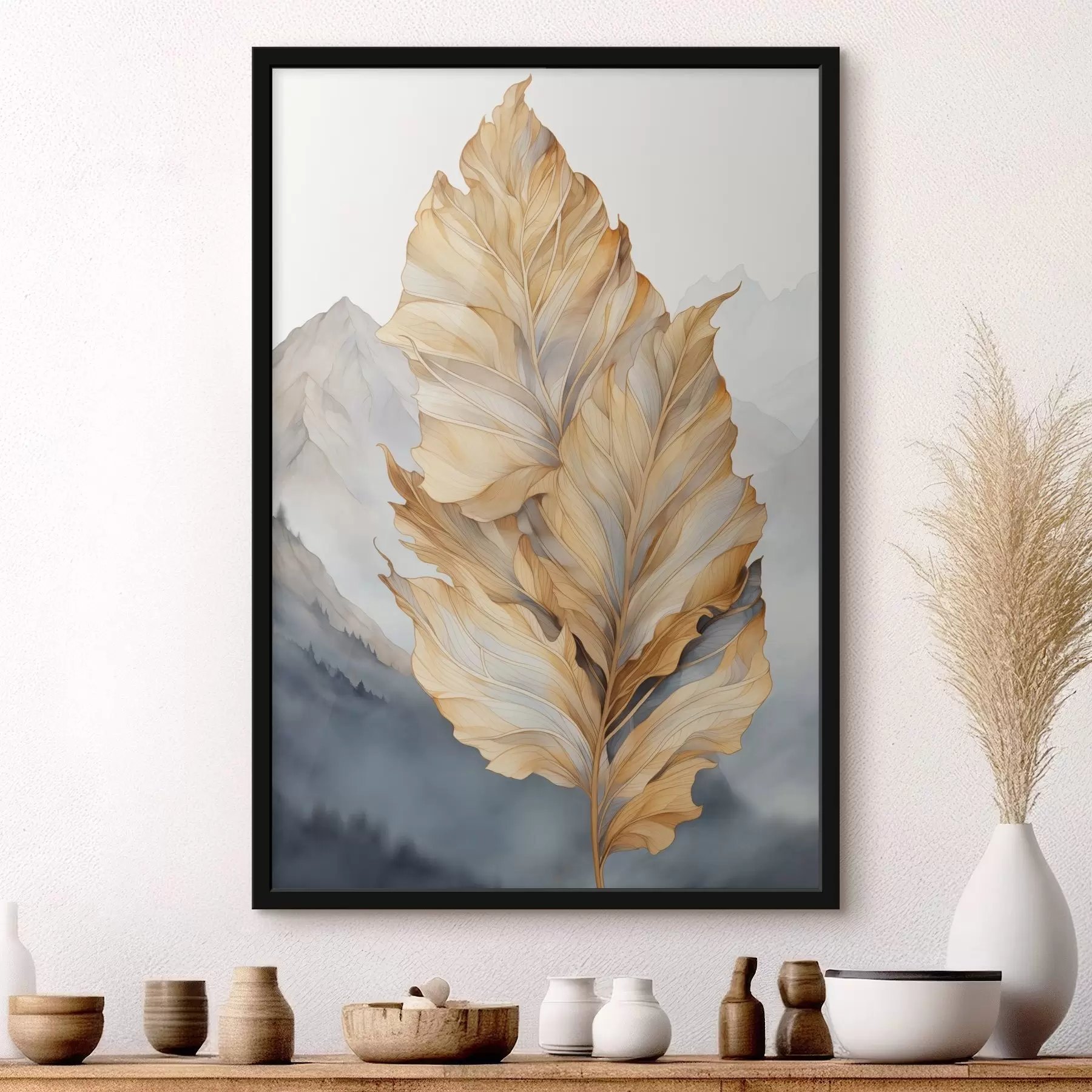 fotószőnyeg Absztrakt, nagy, sárga és barna levelek bonyolult részletekkel, hegyvidéki tájjal a háttérben f47022