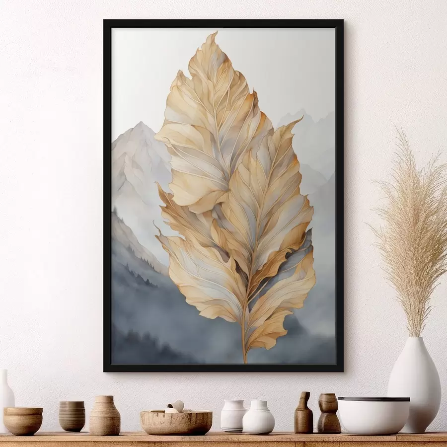 fotószőnyeg Absztrakt, nagy, sárga és barna levelek bonyolult részletekkel, hegyvidéki tájjal a háttérben f47022