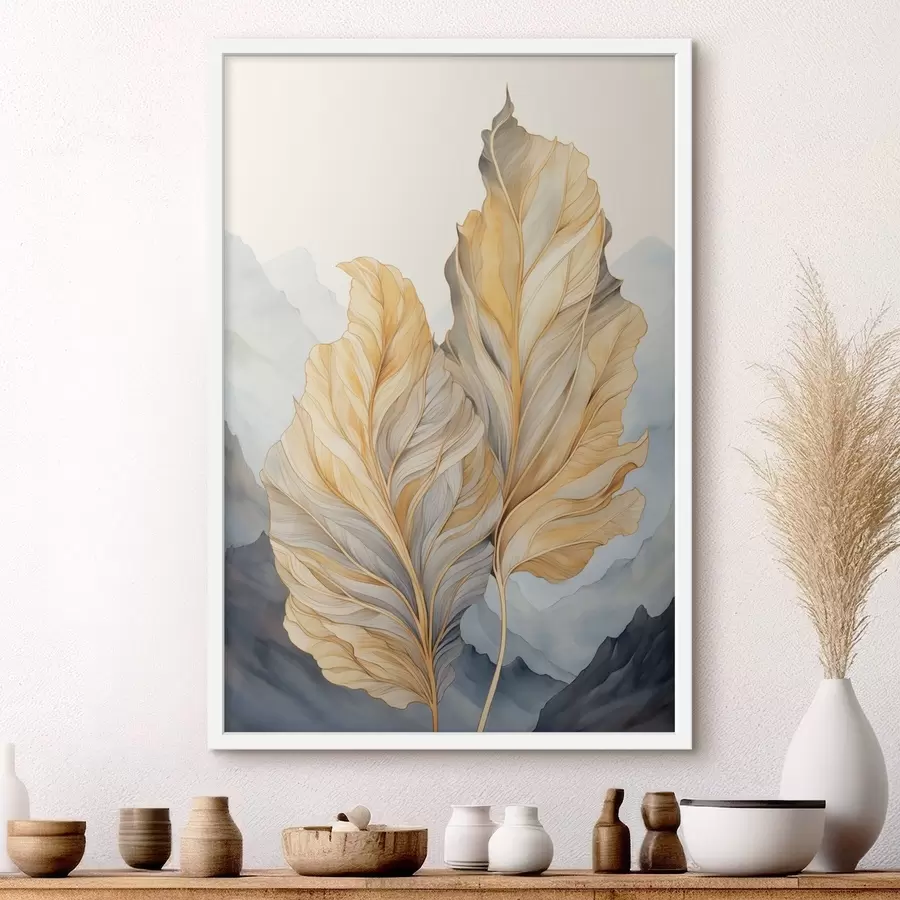 fotószőnyeg Absztrakt, nagy, sárga és barna levelek bonyolult részletekkel, hegyvidéki tájjal a háttérben f47023