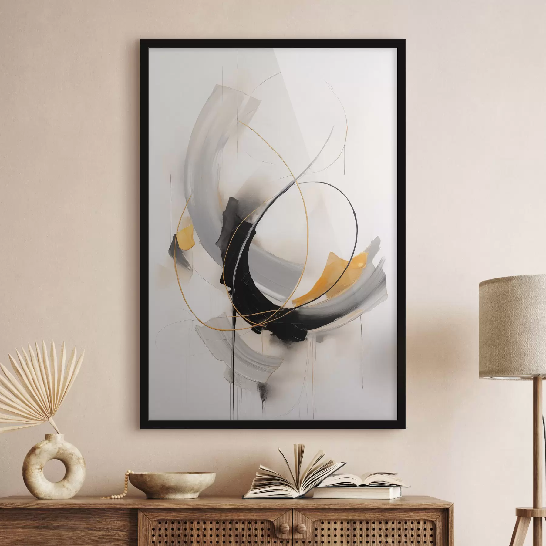 fotószőnyeg Absztrakt festmény sárga, fekete és fehér ecsetvonásokkal, dinamikus vonalakkal f47035