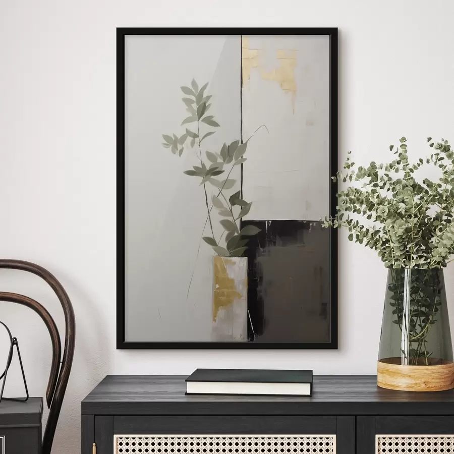 fotószőnyeg Minimalista textúrájú festmény, amelyen egy vázát és zöld leveleket ábrázolnak absztrakt geometriai alakzatok háttérében. f47036