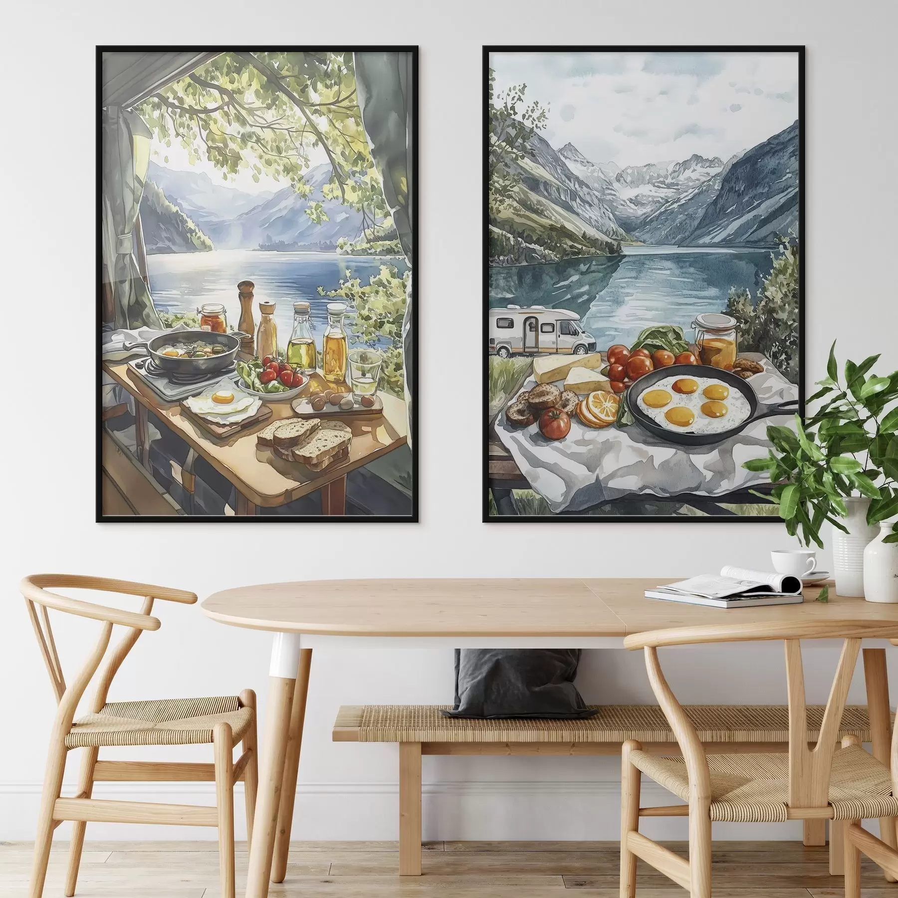 fotószőnyeg Kempingezés, esztétikus reggeli a tó mellett, akvarell stílusban d00405