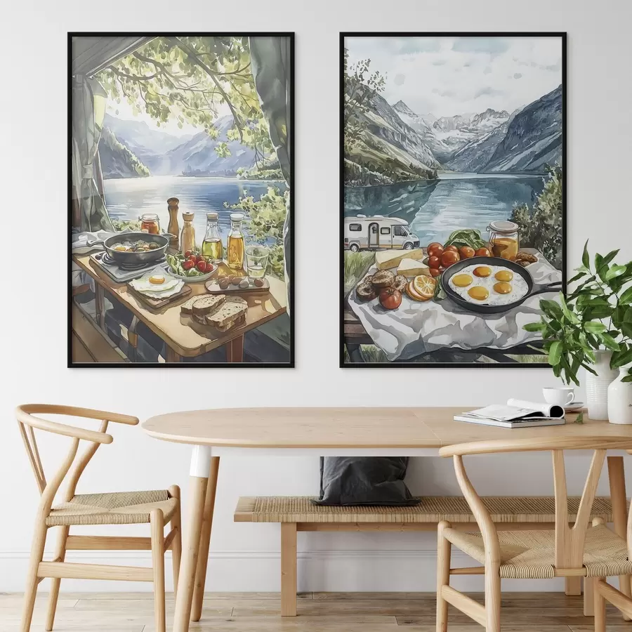 fotószőnyeg Kempingezés, esztétikus reggeli a tó mellett, akvarell stílusban d00405