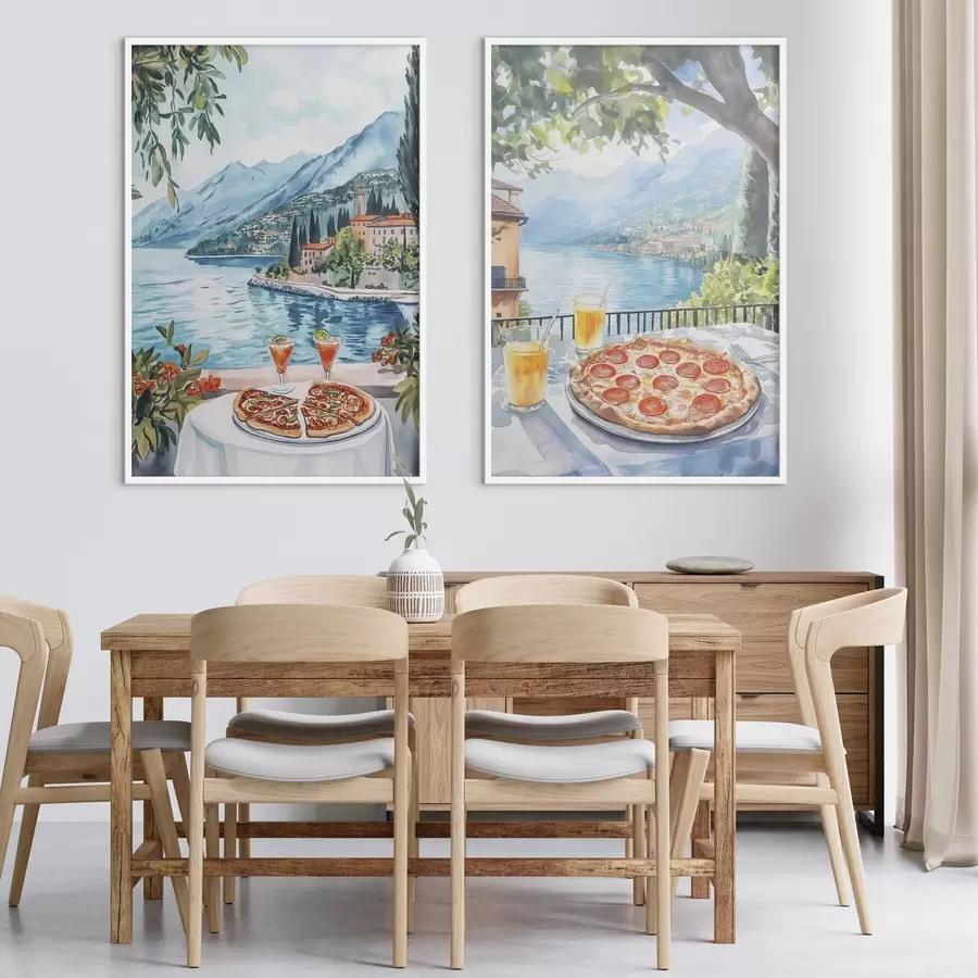 fotószőnyeg Comói-tó, villásreggeli Olaszországban, akvarell stílus, pizza margarita, nyári természet d00406