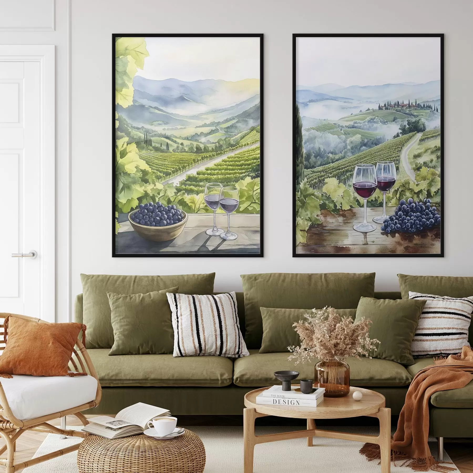 fotószőnyeg Gyönyörű toszkán tájak, szőlőskertek, borospoharak, akvarell stílus, Olaszország d00408