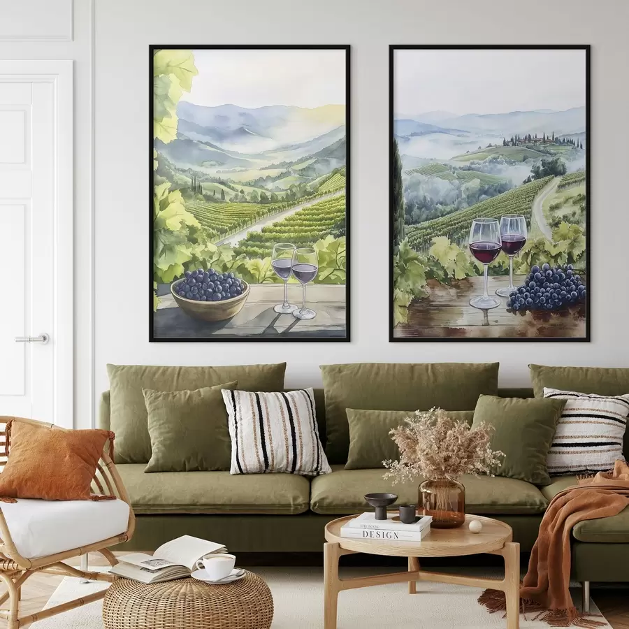 fotószőnyeg Gyönyörű toszkán tájak, szőlőskertek, borospoharak, akvarell stílus, Olaszország d00408