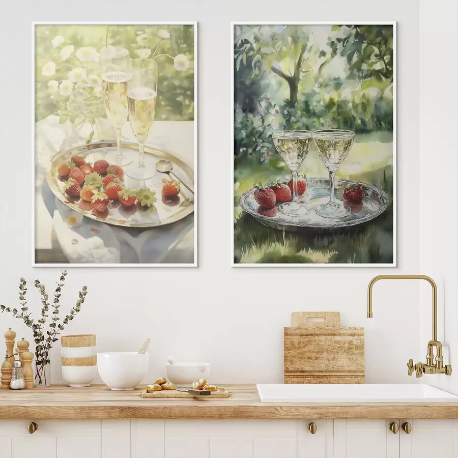 fotószőnyeg Nyári piknik, pezsgőspoharak eperrel a tálcán, kamillavirágok d00414