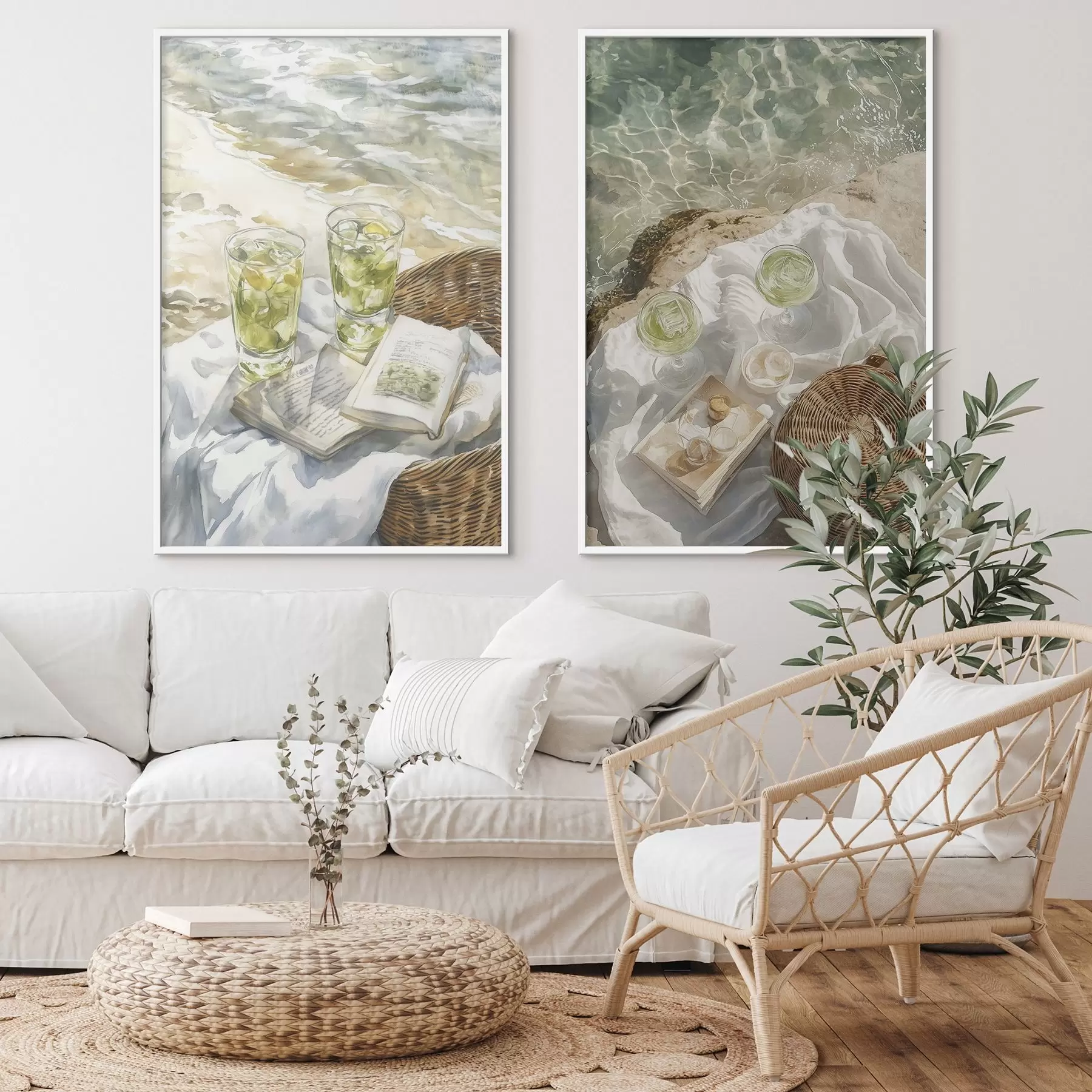 fotószőnyeg Koktélok a tengerparton, akvarell stílusú rajz, óceán, nyári piknik d00417