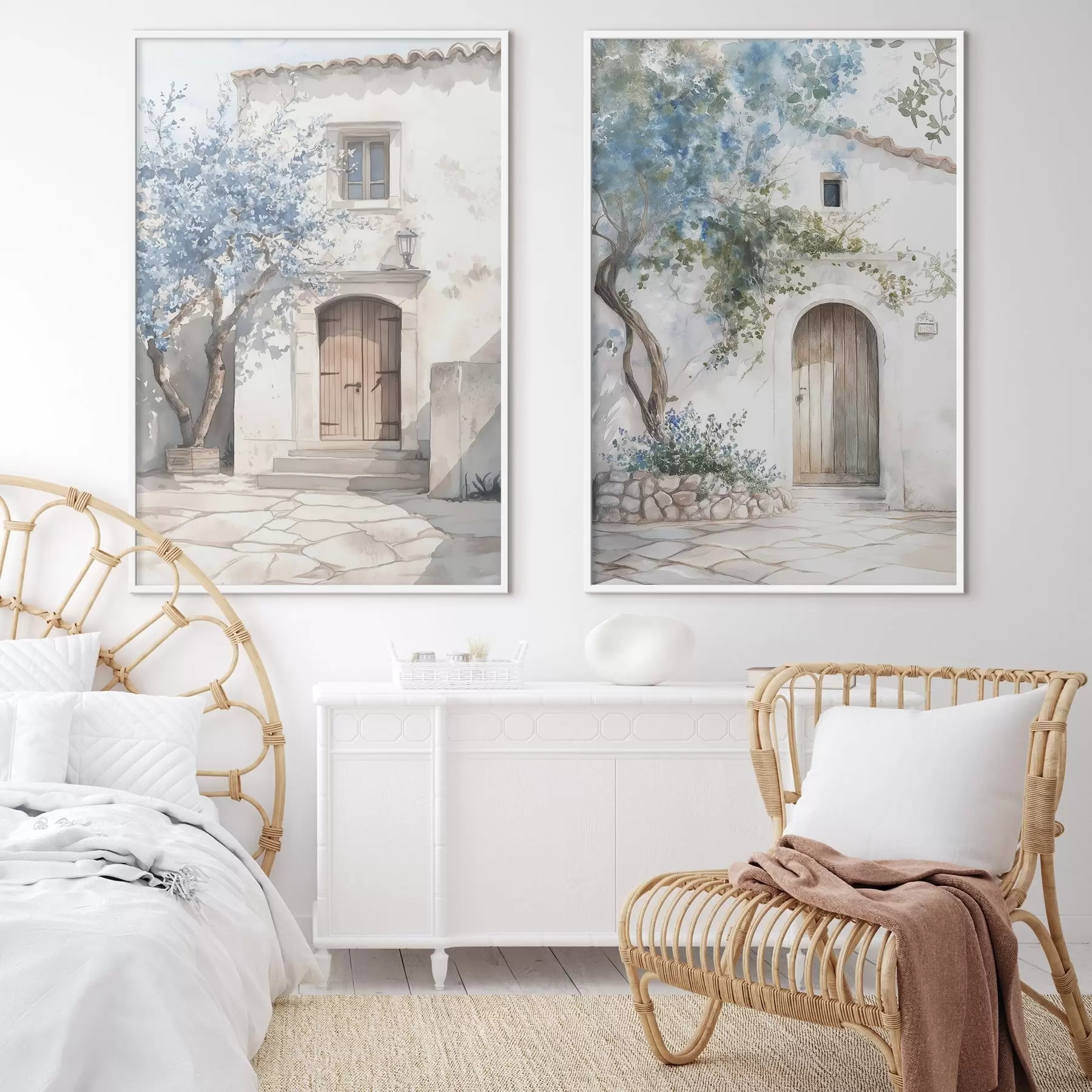 fotószőnyeg Görög fehér házak, virágzó fákkal, mediterrán, akvarell stílusú rajz d00419