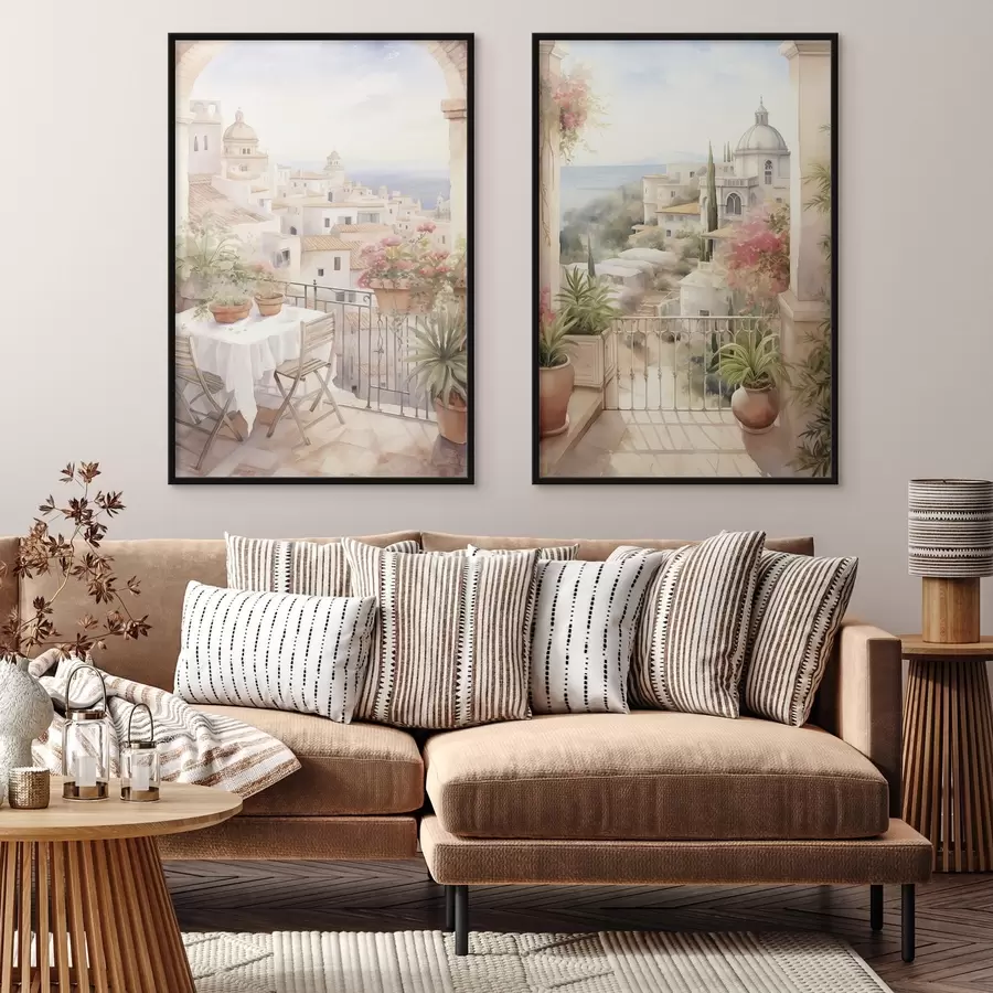 fotószőnyeg Naplemente az erkélyen, építészet, virágzó virágok, akvarell stílus, mediterrán, mediterrán d00420