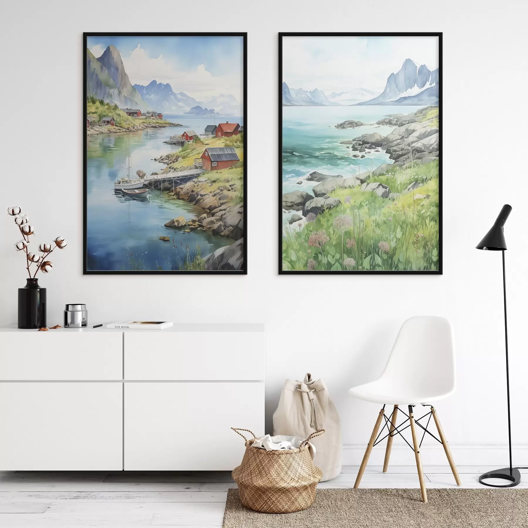 fotószőnyeg Norvégia természet, Lofoten szigetek, nyári táj, vörös házak, hegyek, csónakok d00421