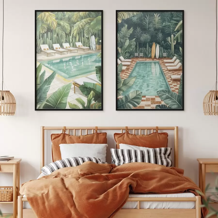 fotószőnyeg Nyári medence, vintage, trópusi erdő, zöld, pálmafák, vízfestmény stílusban d00422