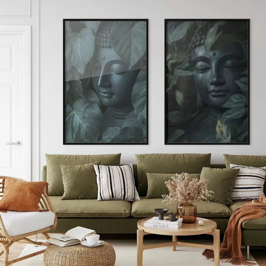 fotószőnyeg Meditáló Buddha a zöld levelek között, buddhizmus, trópusi, realizmus, realizmus d00447