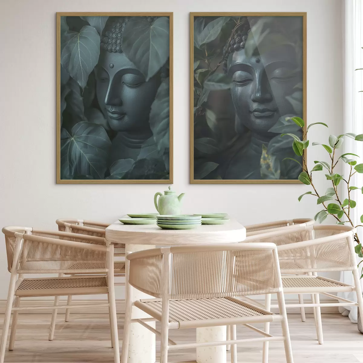 Plakát a sziklán Meditáló Buddha a zöld levelek között, buddhizmus, trópusi, realizmus, realizmus d00447