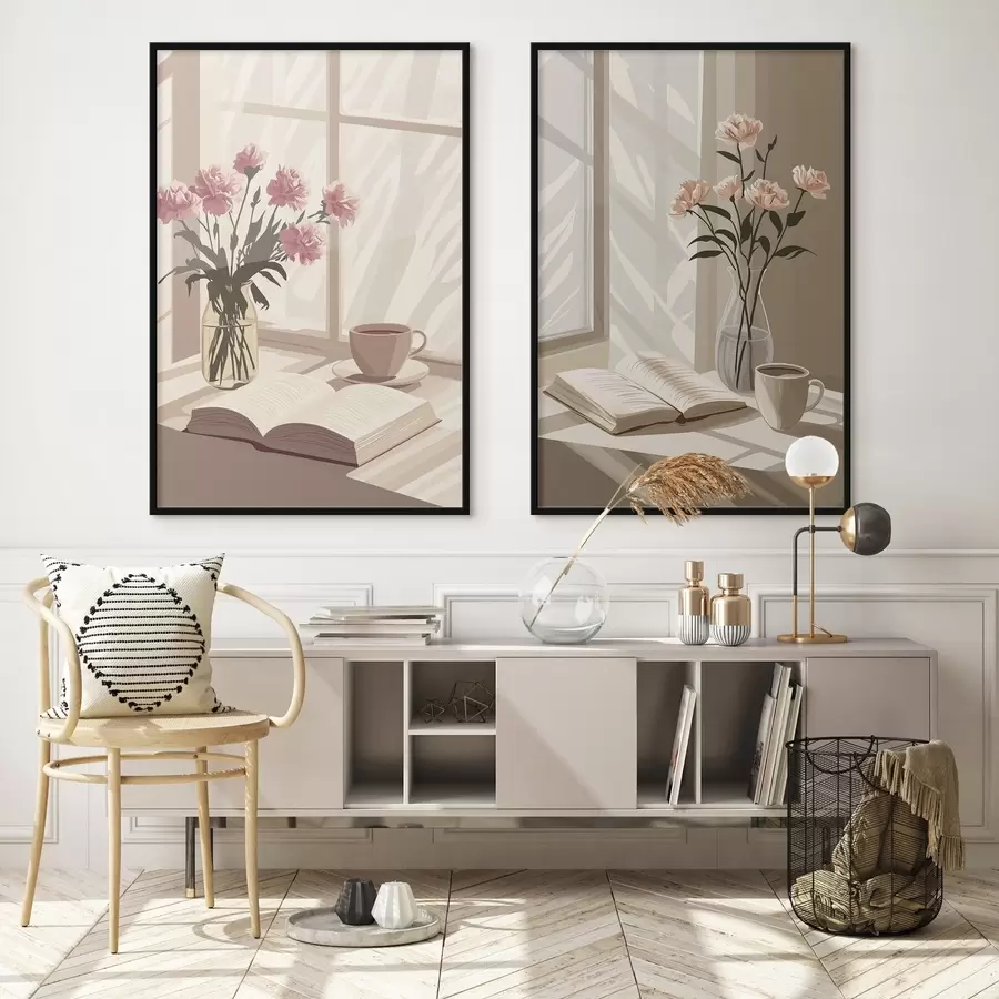 fotószőnyeg Absztrakció, reggeli esztétika, csésze kávé, könyv, virágok d00448