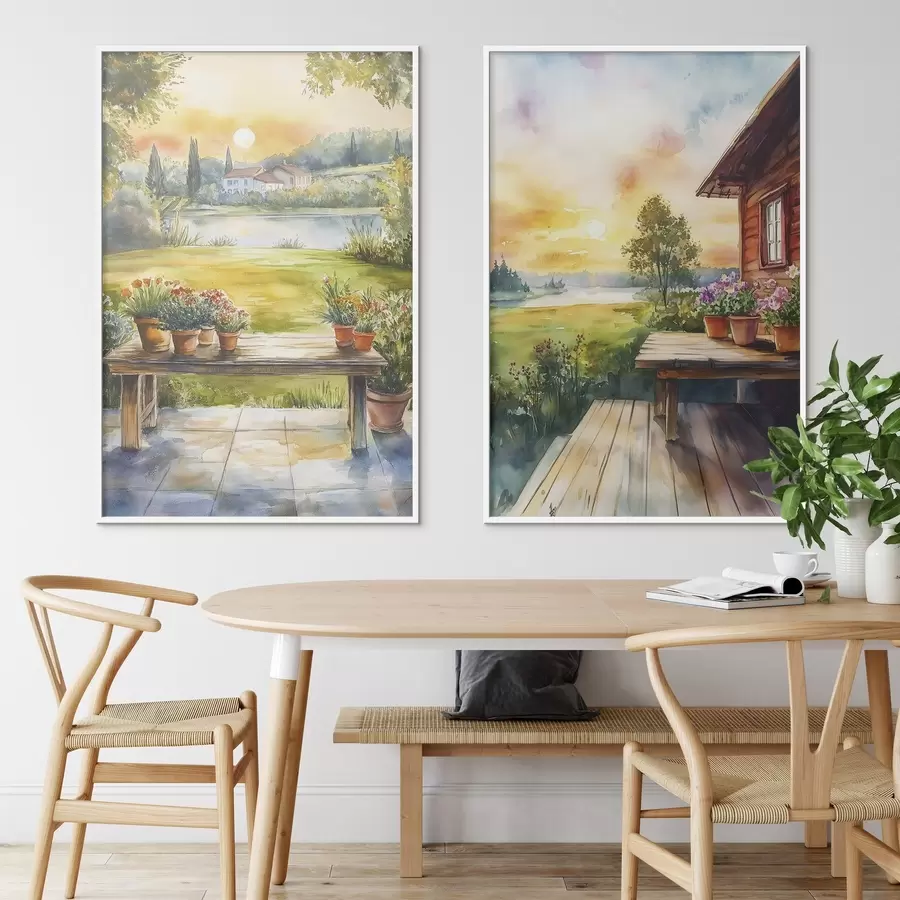 fotószőnyeg Nyári falu, naplemente, rusztikus, virágok, tó, akvarell stílusban d00449