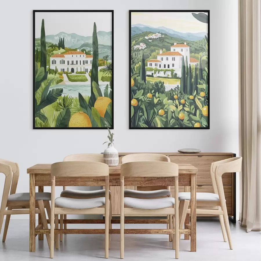 fotószőnyeg Mediterrán tájak fákkal és házakkal, tengerpart, Spanyolország d00450