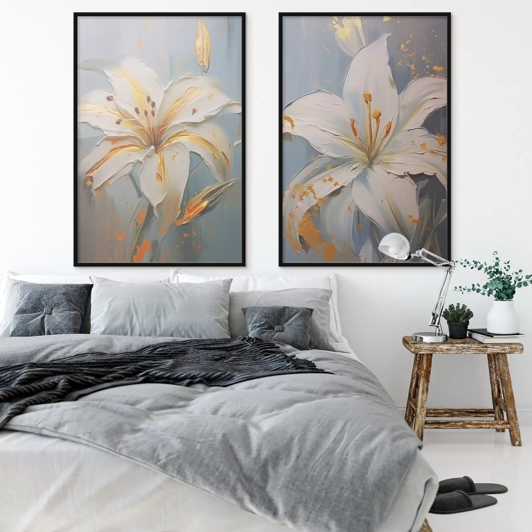 fotószőnyeg Fehér liliom sárga vonalakkal kék háttéren d00497