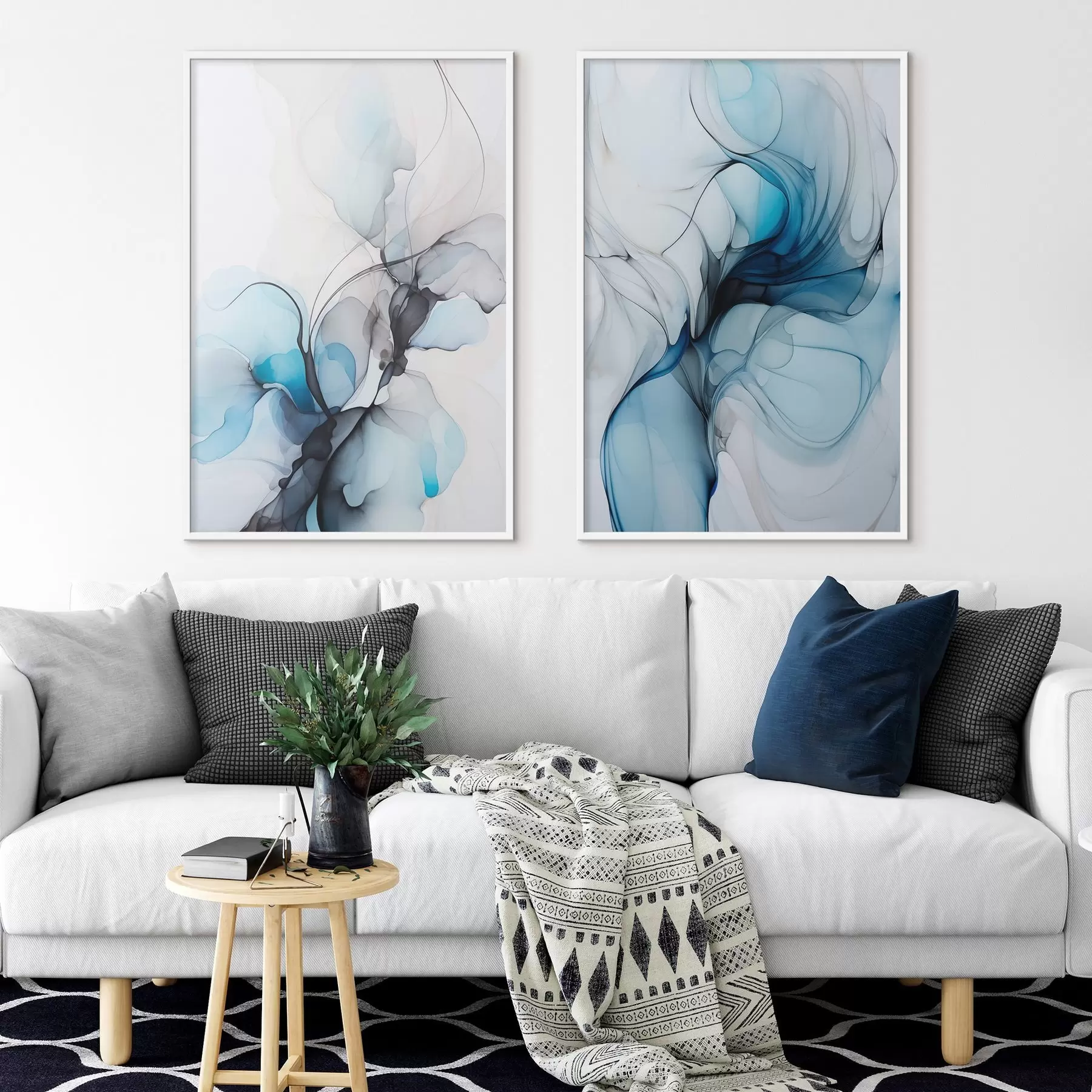 fotószőnyeg Absztrakt kompozíció áramló vonalakkal és áttetsző szirmokkal a kék fehér és bézs árnyalataiban, alkoholos tinta utánzása d00523