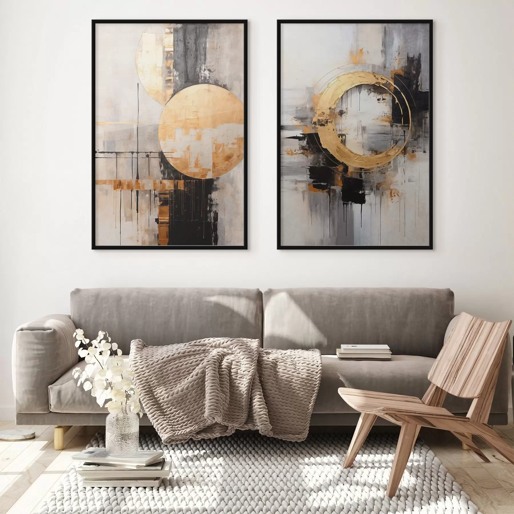 fotószőnyeg Absztrakt festmény körökkel, fekete és sárga vonalakkal, szürke és fehér tónusú háttérrel d00527