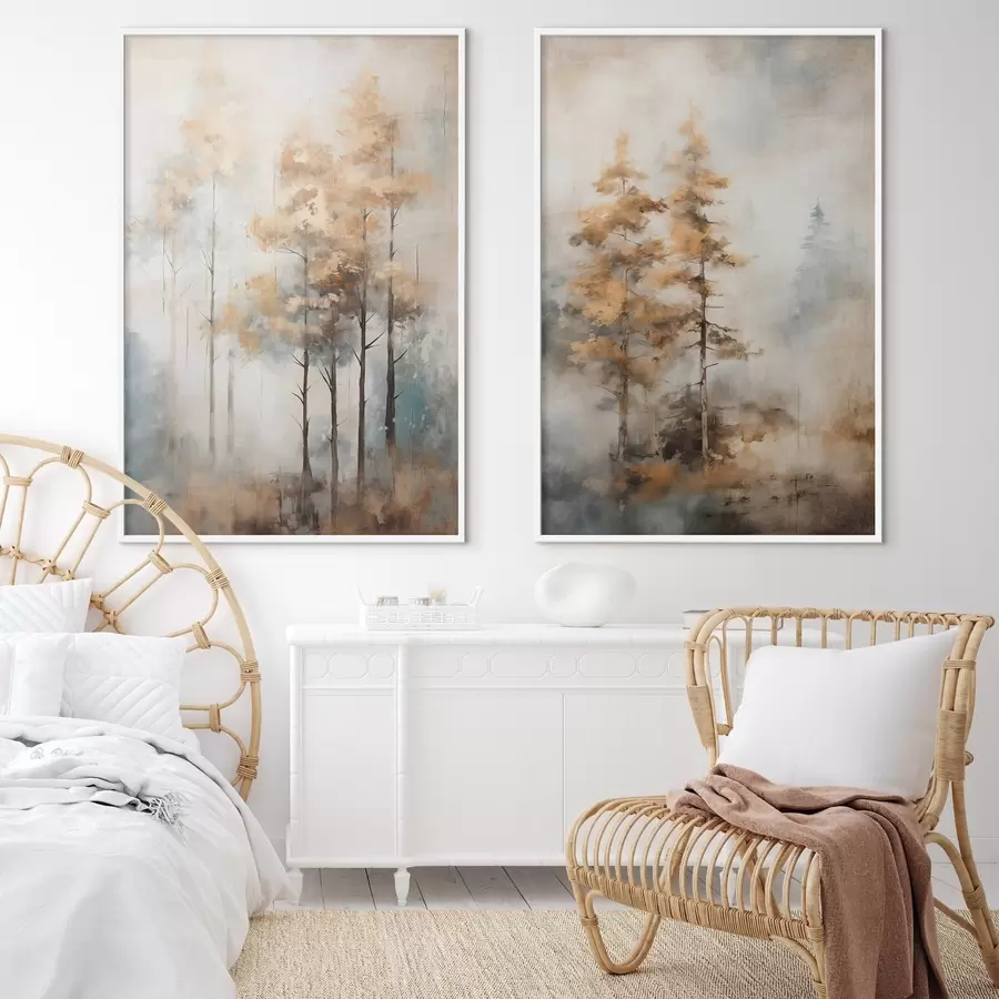 fotószőnyeg Texturált magas fák sárga levelekkel egy erdőben , a háttér lágy kék és barna tónusok keveréke d00528