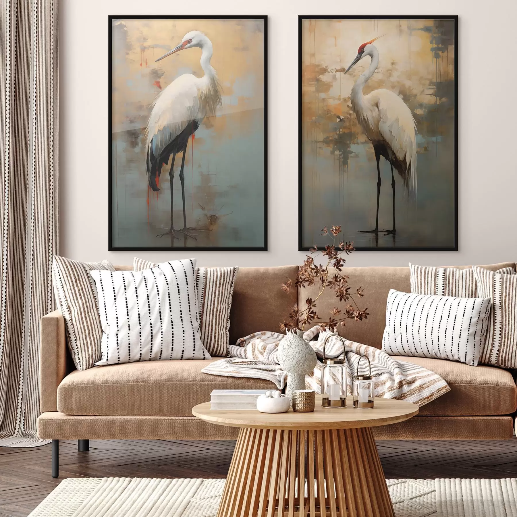 fotószőnyeg Fehér kócsag egy ködös, absztrakt tájat sugalló, tompa sárga, barna és kék árnyalatokból álló háttér előtt d00530