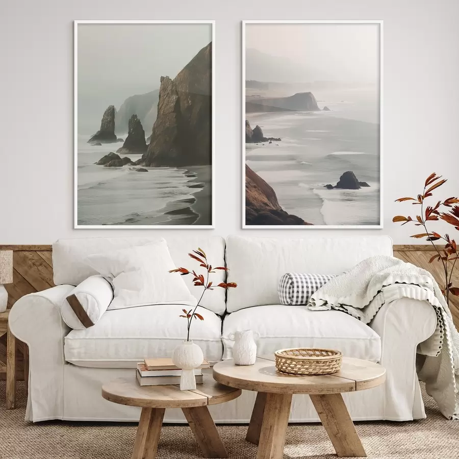 fotószőnyeg Sziklás sziklák és tengerpart, a hullámok összecsapnak a parton, hangulatos hangulatú táj, földes tónusok d00531