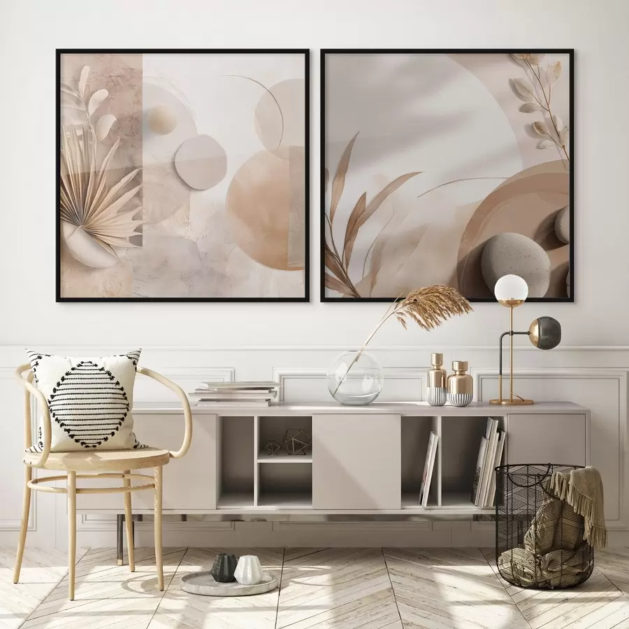 fotószőnyeg Két vászon, szárított levelekkel és texturált formákkal d00893