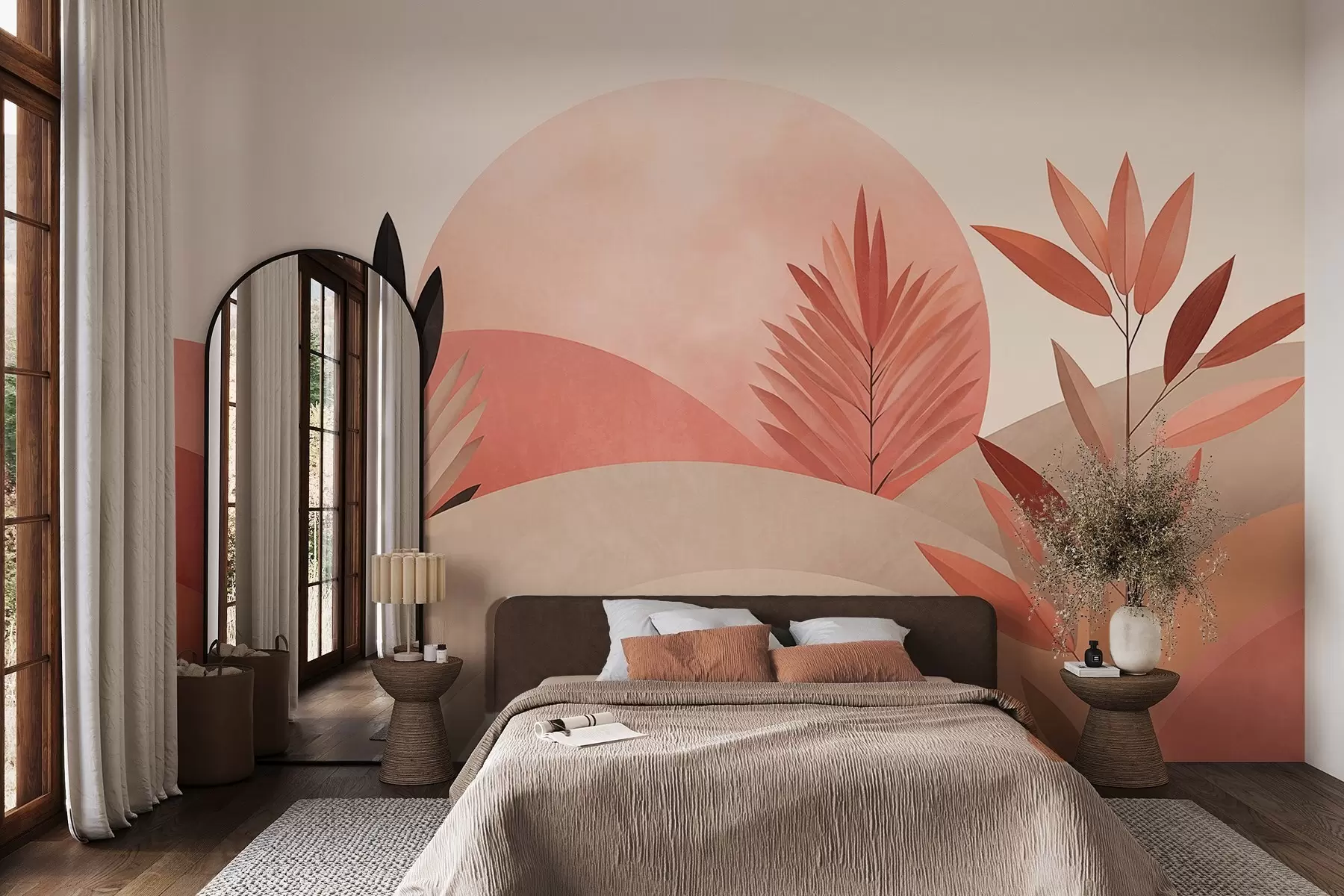 fotószőnyeg Absztrakt boho tájkép, nap a dombok mögött, növények az előtérben, minimalista, texturált, tompított színek w09608