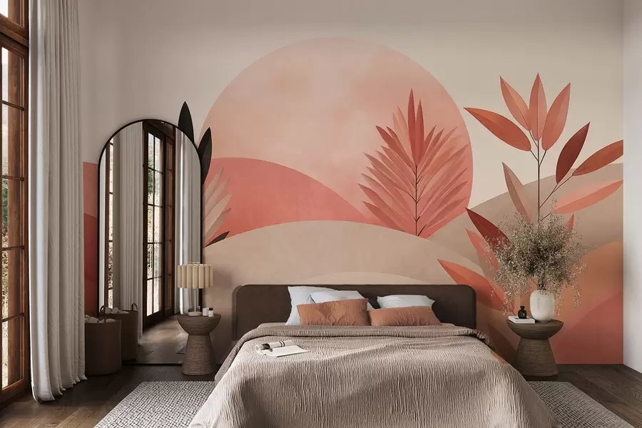 fotószőnyeg Absztrakt boho tájkép, nap a dombok mögött, növények az előtérben, minimalista, texturált, tompított színek w09608