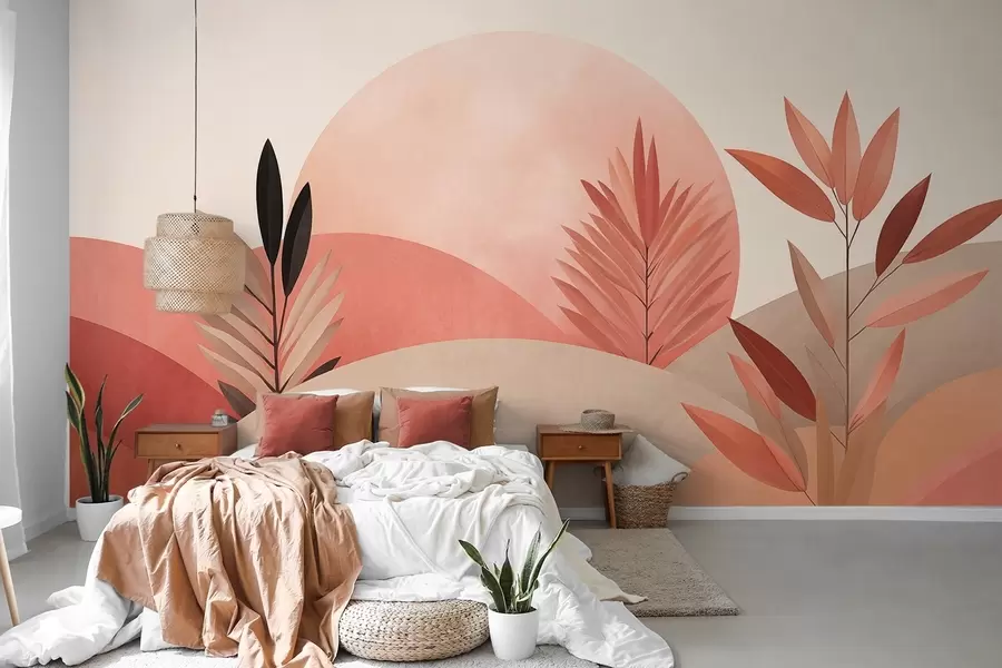 fotószőnyeg Absztrakt boho tájkép, nap a dombok mögött, növények az előtérben, minimalista, texturált, tompított színek w09608