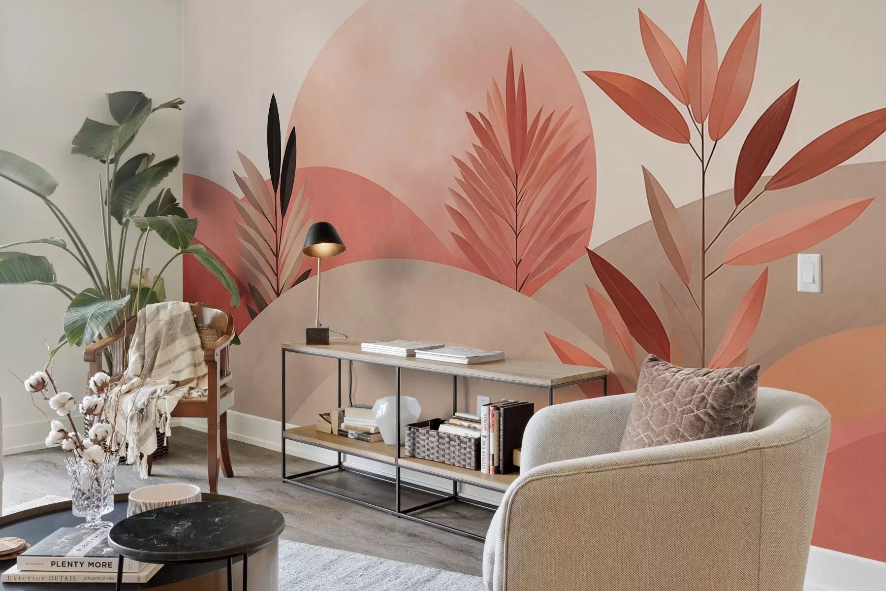 fotószőnyeg Absztrakt boho tájkép, nap a dombok mögött, növények az előtérben, minimalista, texturált, tompított színek w09608