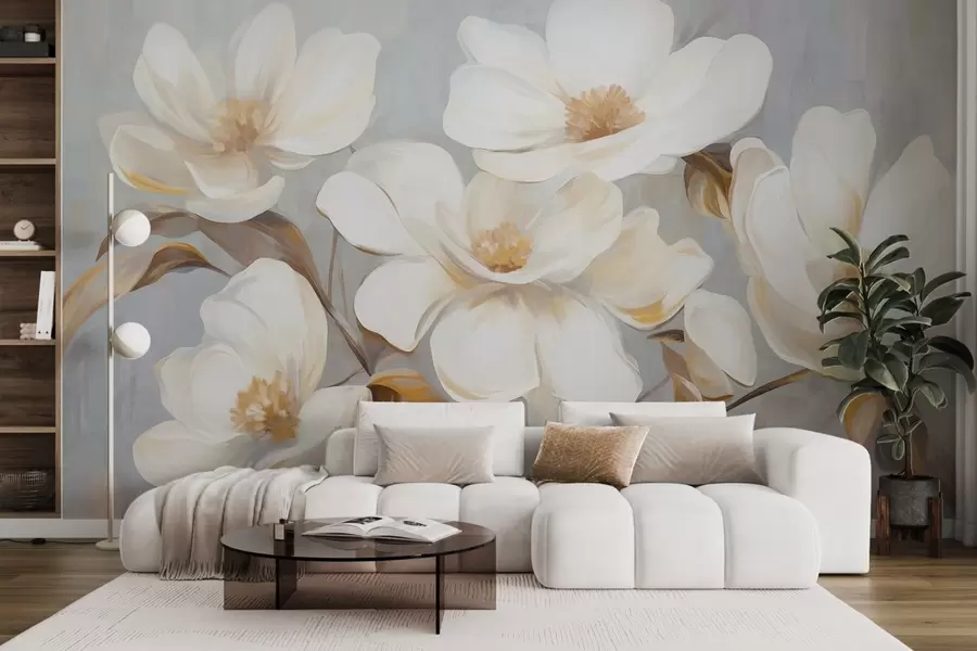 fotószőnyeg Több fehér magnólia virág texturált festményimitációja halvány pasztell háttér előtt w09612