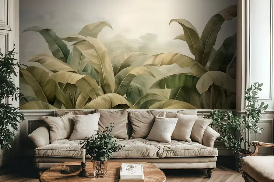 fotószőnyeg Texturált, sűrű dzsungel táj, nagy banánlevelekkel, tompa zöld és bézs árnyalatokban w09613