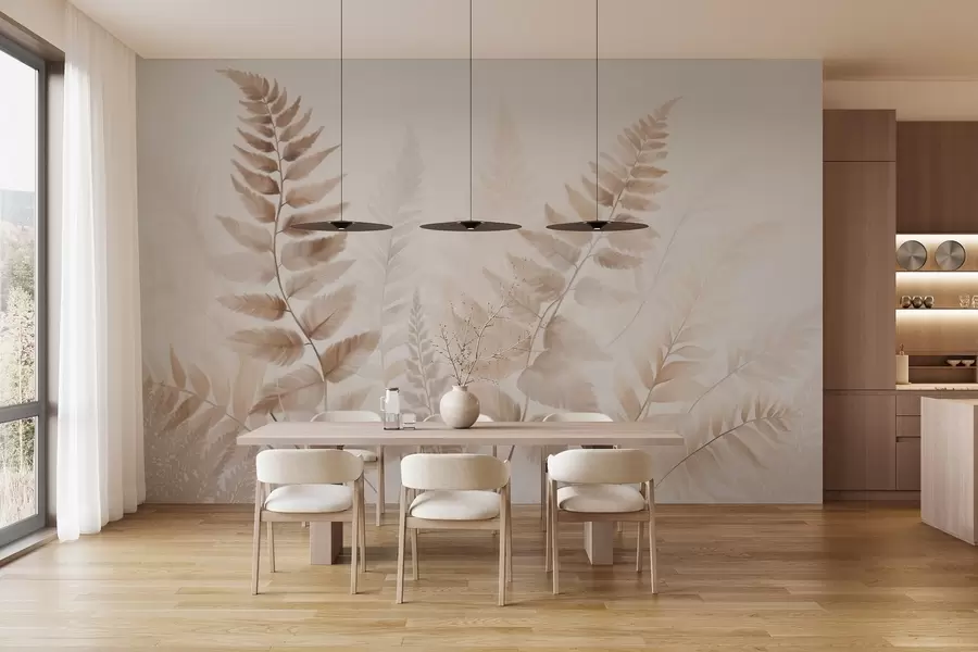 fotószőnyeg Texturált, szárított páfránylevelek különböző barna árnyalatokban, puha, világos háttérrel, akvarell stílusban. w09615