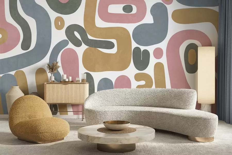 fotószőnyeg Absztrakt textúrájú formák pasztell rózsaszín, halványkék, mustársárga és szürke színekben fehér háttér előtt, modern művészet w09620