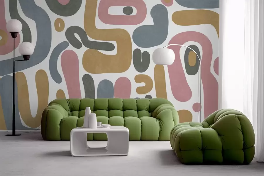 fotószőnyeg Absztrakt textúrájú formák pasztell rózsaszín, halványkék, mustársárga és szürke színekben fehér háttér előtt, modern művészet w09620