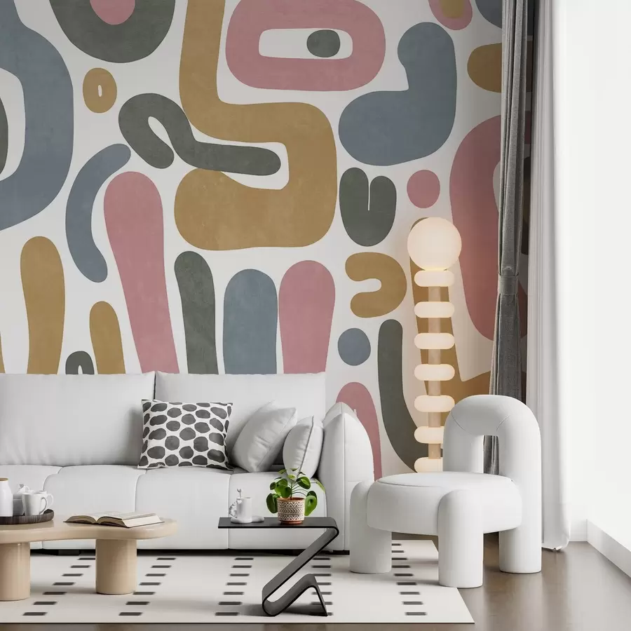 fotószőnyeg Absztrakt textúrájú formák pasztell rózsaszín, halványkék, mustársárga és szürke színekben fehér háttér előtt, modern művészet w09620