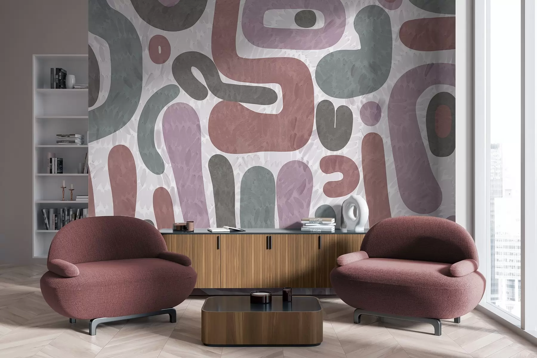 fotószőnyeg Absztrakt textúrájú formák halvány rózsaszín, zöld és szürke árnyalatokban, textúrált háttérrel, modern művészet w09622