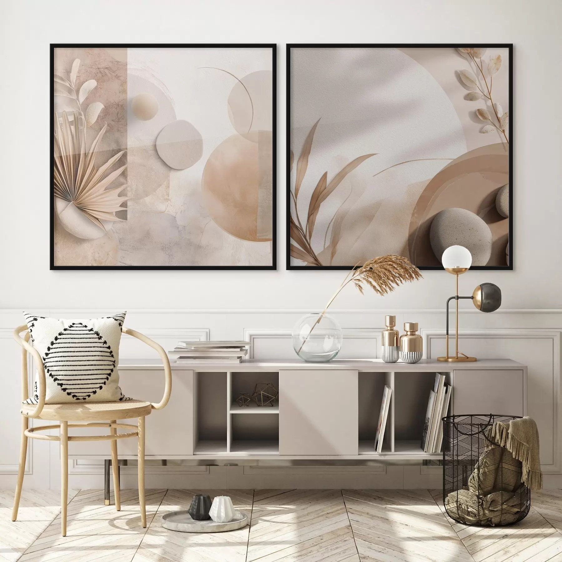 fotószőnyeg Két vászon, szárított levelekkel és texturált formákkal d00893