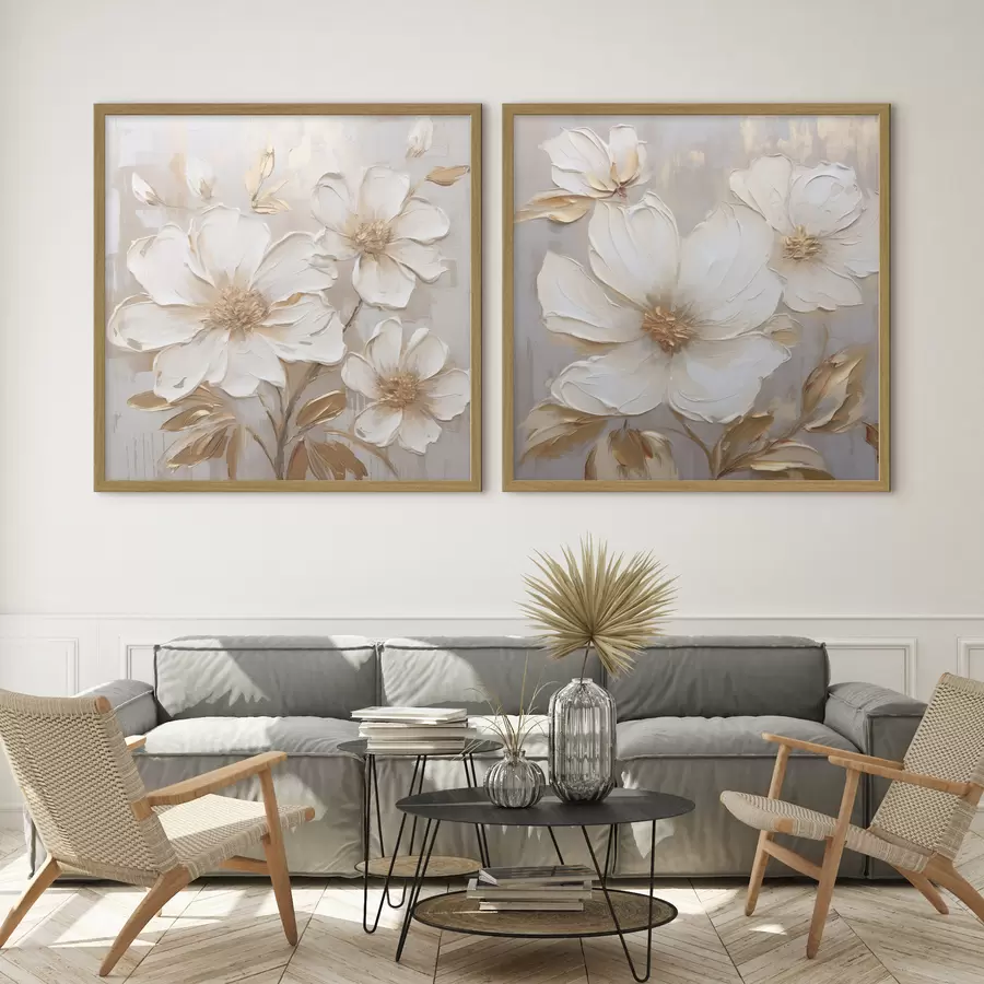 fotószőnyeg Diptych nagy virágokkal, világos, meleg színekben d00927