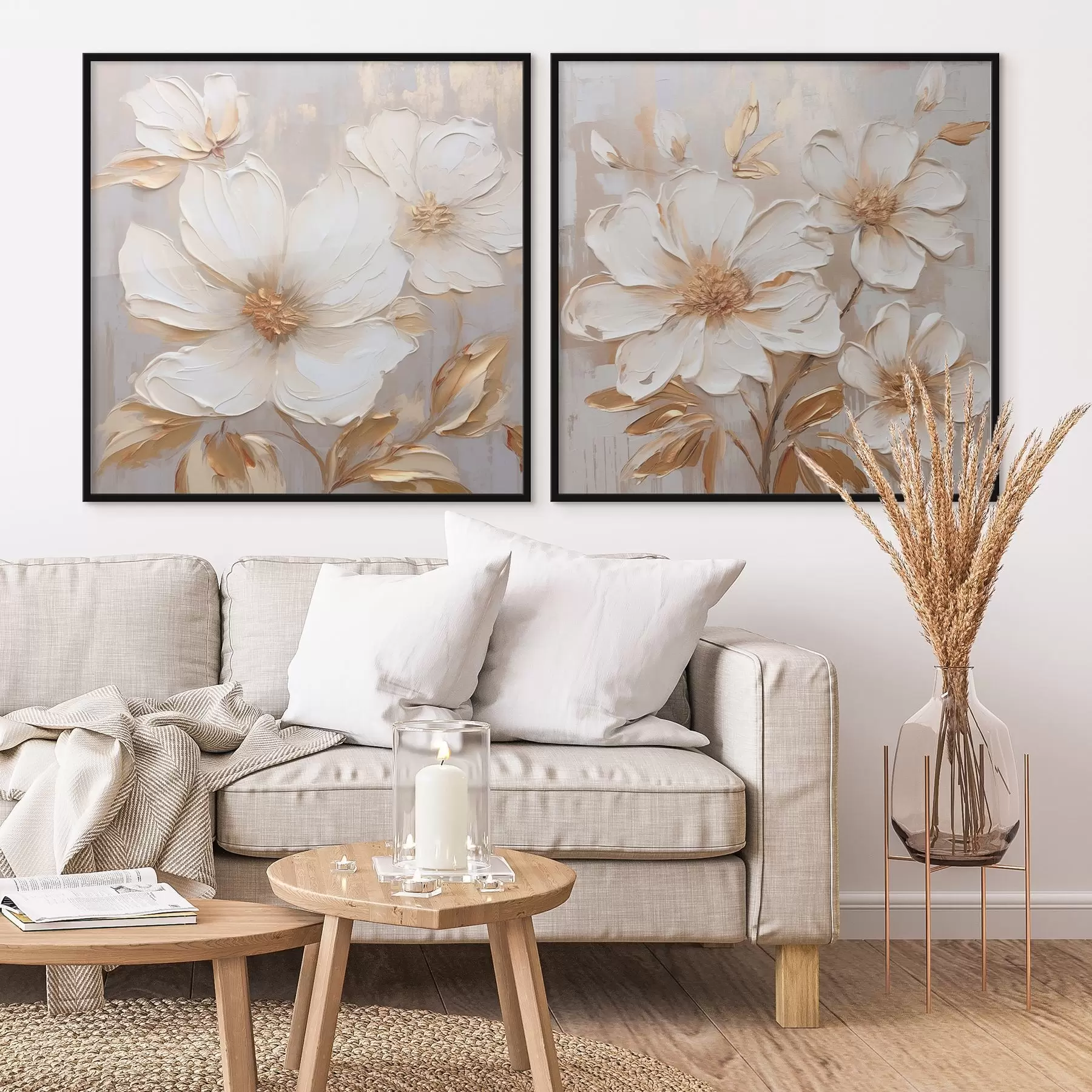 fotószőnyeg Diptych nagy virágokkal, világos, meleg színekben d00927